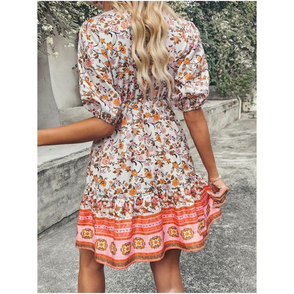 Bohemian Orange Floral Print Lace Puff Sleeve Mini Dress - Picture 3 of 5